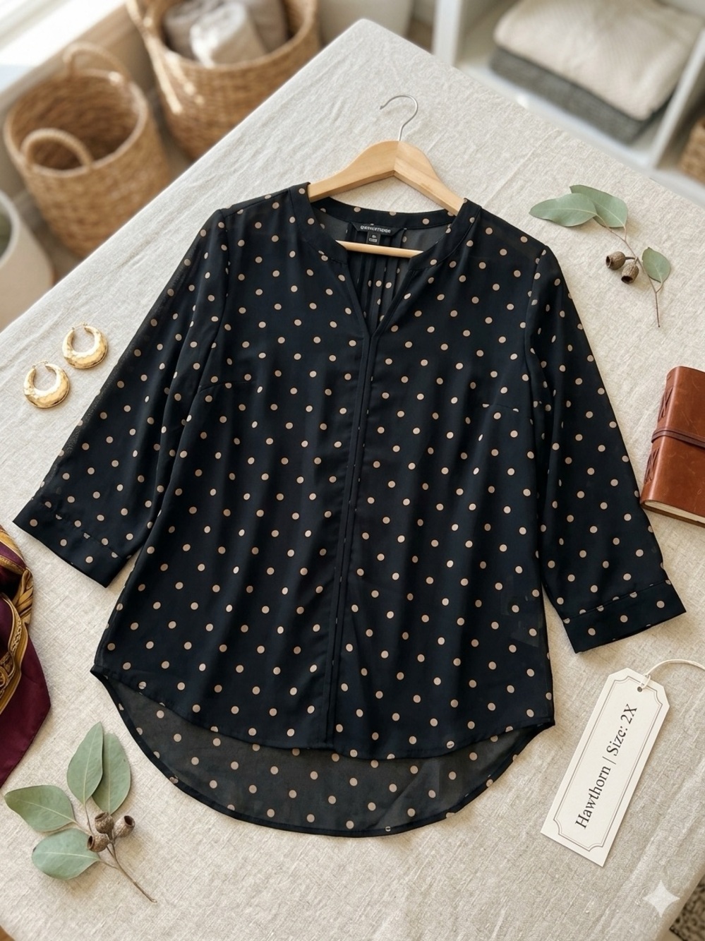 41 Hawthorn Black Blouse with Tan Polka Dots